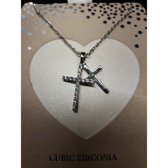 Cubic Zirconia Double Cross Dainty Pendant Necklace in Silver Tone, New - Picture 3 of 5